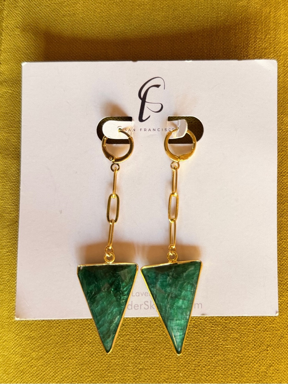 Green Triangle Drop Earrings - Gold Chain